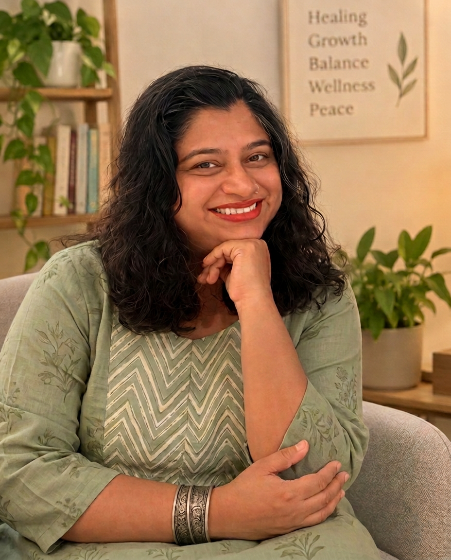 Aparna Kher, transformational life coach, seated in warm natural light
